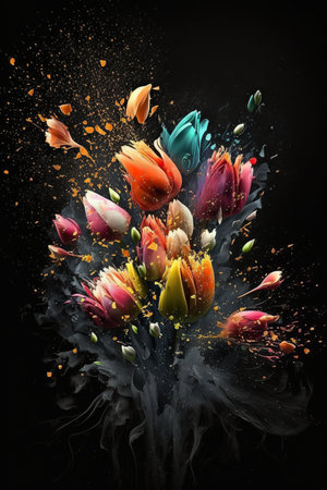 Vibrant color abstract explosion of tulip flowers. Artistic floral vertical mobile screen splash template. AI generative art.の素材