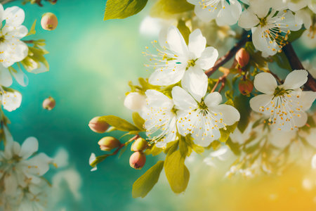 Springtime background with beautiful cherry blossom tree branch. Horizontal spring floral banner with copy space. greeting card template. AI generative image.の素材