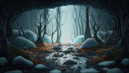 Beautiful fantasy dense forest stunning landscape with old growth trees. Magic woods background with copy space. Fairy tale outdoor backdrop. AI generative image.の素材