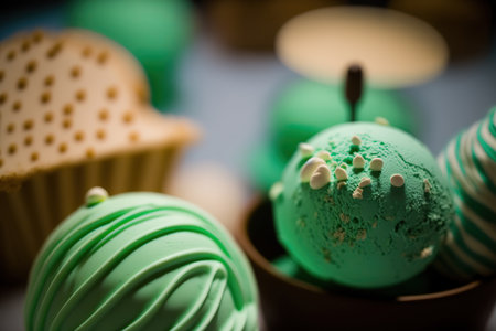 Close up tasty green colored candies and other sweets and pastry products. Confectionery food illustration. AI generative image.の素材