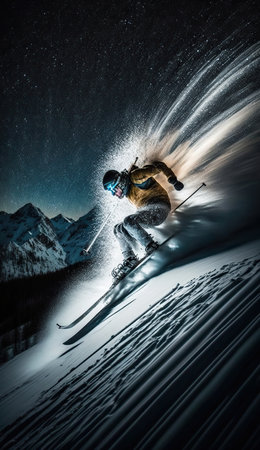 Extreme jumping skier with big snow cloud in a long exposure motion. Fantastic night sky with stars and Nortern lights. Extreme sport vertical background. AI generative image.の素材