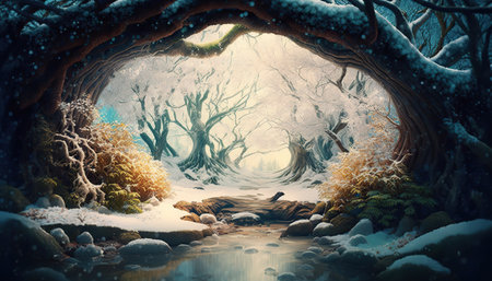 Beautiful fantasy dense forest stunning landscape with spring melting snow old growth trees. Magic woods background with copy space. Fairy tale outdoor backdrop. AI generative image.の素材