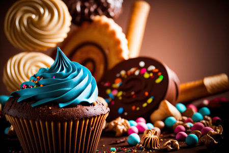 Delicious pastry and confectionery products. Different sweets. closeup. AI generative image.の素材