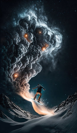 Snowborder doing trick on amazing starry night sky. Winter background, extreme sport illustration. Vertical splash screen template. AI generative image.の素材