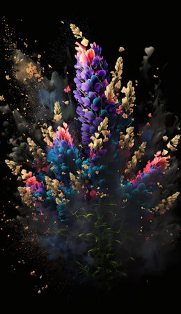 Abstract fantastic lupine flowers bouquet with bright color powder explosion on black background. Floral beautiful vertical poster. AI generative art.の素材