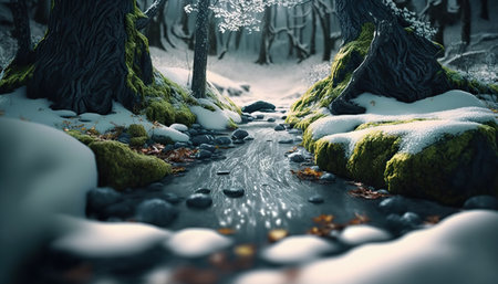 Beautiful fantasy dense forest stunning landscape with spring melting snow, stream and old growth trees. Magic woods background with copy space. Fairy tale outdoor backdrop. AI generative image.の素材