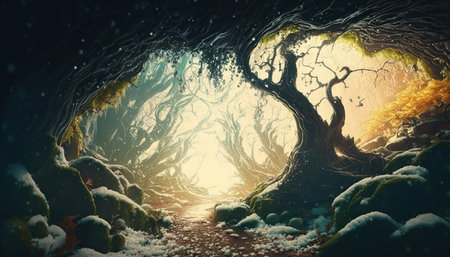 Beautiful fantasy dense forest stunning landscape with old growth trees. Magic woods background with copy space. Fairy tale outdoor backdrop. AI generative image.の素材