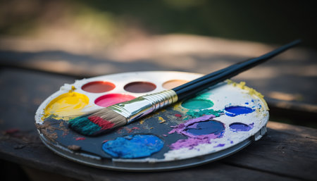 Artistic paintbrush, palette and multicolor paints on wooden background. Abstract painter tools illustration with copy space. AI generative image.の素材