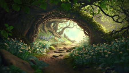 Beautiful fantasy dense forest stunning landscape with old growth trees. Magic woods background with copy space. Fairy tale outdoor backdrop. AI generative image.の素材