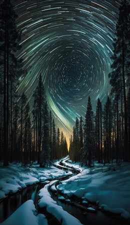 Breathtaking landscape with starry night sky and coniferous forest silhouette. Long exposure star trails. vertical format. AI generative image.の素材