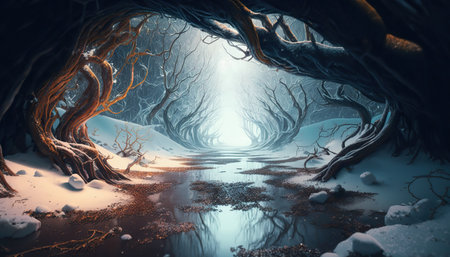 Beautiful fantasy dense forest stunning landscape with spring melting snow old growth trees. Magic woods background with copy space. Fairy tale outdoor backdrop. AI generative image.の素材