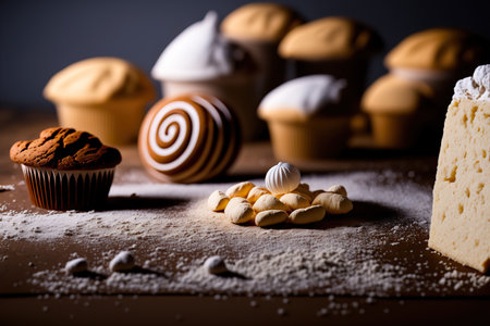Assorted fresh bakery and pastry confectionery products. Loaves of bread, and sweet buns. AI generative image. Different baked goods still life illustration. AI generated picture.の素材