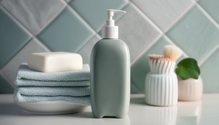 Liquid soap bottle with towels mockup. Indoor cozy background. AI generative image.の素材