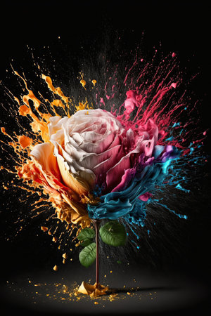 Abstract beautiful rose flower with bright colors paint explosion. Mobile screen splash template. Black background. floral art. AI generative image.の素材