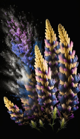 Abstract fantastic lupine flowers bouquet with bright color powder explosion on black background. Floral beautiful vertical poster. AI generative art.の素材