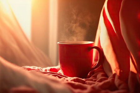 Cozy still life in red colors with close up cup of hot beverage. AI generative image.の素材