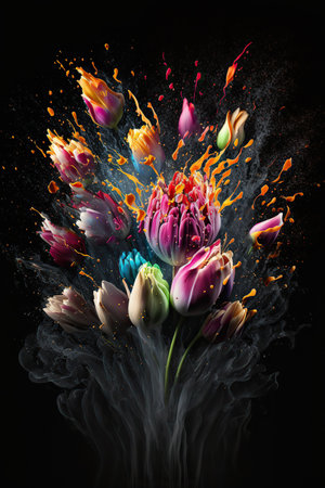 Beautiful abstract tulip flowers bouquet exploding of vibrant luminescent bright colors on black backdrop. Mobile splash screen template. artistic background. AI generative image.の素材