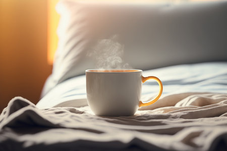 Cozy morning illustration with cup of hot drink and bright warm sun light. Indoor background with copy space. AI generative image.の素材