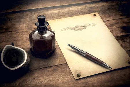 Vintage background with parchment, inkwell and fountain pen. calligraphy tool. copyspace. Mockup for your text. AI generated picture.の素材
