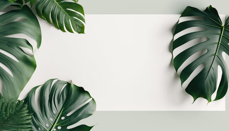 Top view background with border made of monstera leaves. Modern natural flat lay background with copy space. horizontal frame. AI generative image.の素材