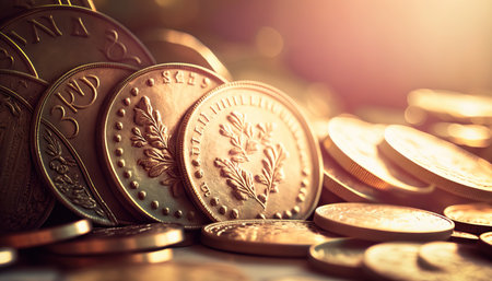Abstract background with shiny golden coins with bokeh background. Horizontal banner with copy space. AI generative image.の素材