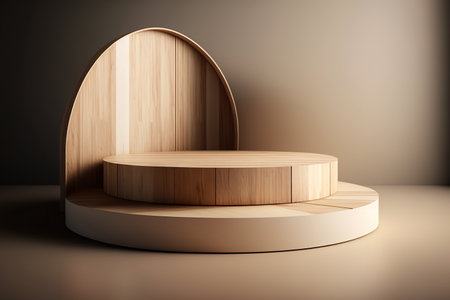 Cylindrical wooden podium or showcase pedestal. Minimal eco style round platform for product display. mockup. AI generative image.の素材
