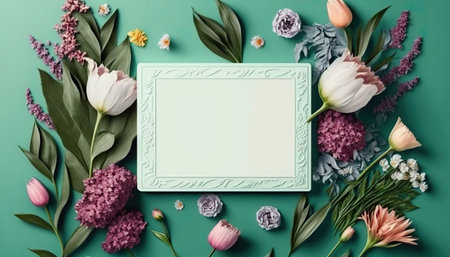 Springtime different flowers border frame with copy space in the middle. beautiful floral background. AI generative image.の素材