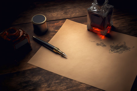 Vintage background with parchment, inkwell and fountain pen. calligraphy tool. copyspace. Mockup for your text. AI generated picture.の素材