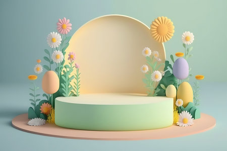 Abstract background with minimal cylindrical podium display and beautiful blossom plants. pastel colors. Springtime showcase layout. AI generative picture.の素材