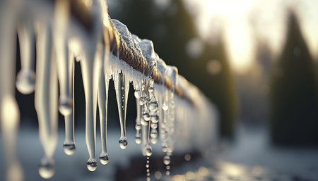 Horizontal banner with close up thawing icicles. water drops. Spring is coming. AI generated picture.の素材