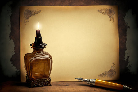 Vintage background with candle, parchment, inkwell and fountain pen. calligraphy tool. copyspace. Mockup for your text. AI generated picture.の素材