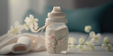 Close up baby milk bottle on beautiful sun shine spring blossom background with copy space. motherhood concept. AI generative image.の素材