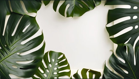 Top view background with border made of monstera leaves. Modern natural flat lay background with copy space. horizontal frame. AI generative image.の素材