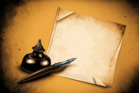 Vintage background with parchment, inkwell and fountain pen. calligraphy tool. copyspace. Mockup for your text. AI generated picture.の素材