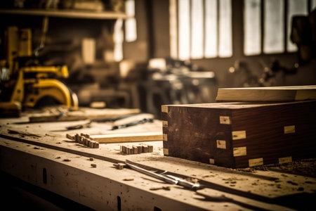 Abstract carpentry woodcraft studio. timber products. Indoor background with copy space. AI generated picture.の素材
