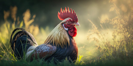 Portrait of domestic rooster farm bird on beautiful sunshine rural lawn outdoor background horizontal banner with copy space. AI generative image.の素材