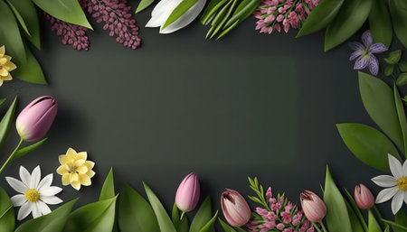 Springtime different flowers border frame with copy space in the middle. beautiful floral background. AI generative image.の素材