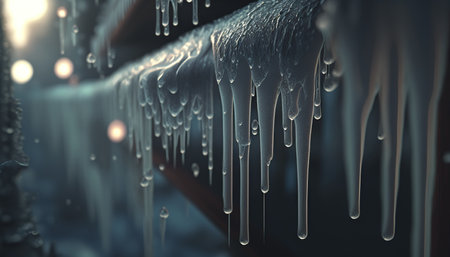 Horizontal banner with close up thawing icicles. water drops. Spring is coming. AI generated picture.の素材