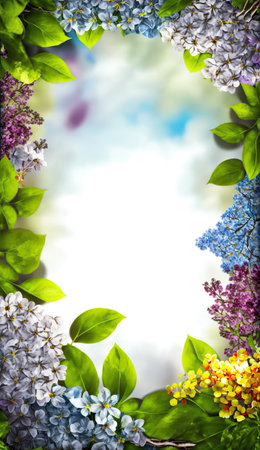 Springtime different flowers border frame with copy space in the middle. beautiful floral background. AI generative image.の素材