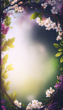 Springtime different flowers border frame with copy space in the middle. beautiful floral background. AI generative image.の素材
