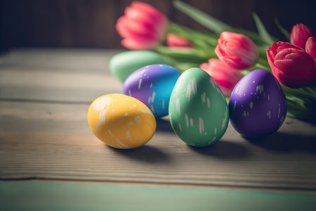 Painted Easter eggs with tulip flowers on wooden background. Spring holiday horizontal banner or greeting card template. AI generative image.の素材