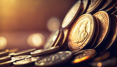 Abstract background with close up shiny golden coins with bokeh background. Horizontal banner with copy space. AI generative image.の素材
