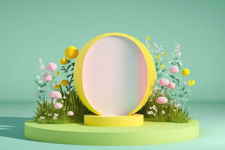 Abstract background with minimal cylindrical podium display and beautiful blossom plants. pastel colors. Springtime showcase layout. AI generative picture.の素材