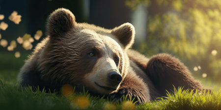 Cute and funny brown bear lying down on the spring lawn. golden hour light. Outdoor background with wild animal and copy space. AI generative picture.の素材
