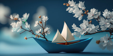 Cute close up origami paper boat on bright blue background. Springtime concept with cherry blossom branch. Horizontal spring banner with copy space. AI generative image.の素材