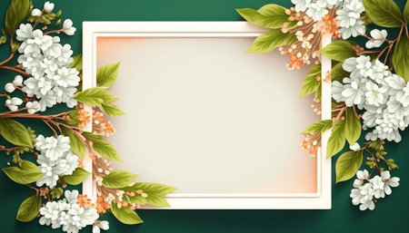 Springtime different flowers border frame with copy space in the middle. beautiful floral background. AI generative image.の素材