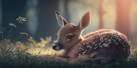 Adorable fawn lying down on a beautiful sunny lawn. Cute forest deer baby. Wild life illustration with copy space. AI generative image.の素材
