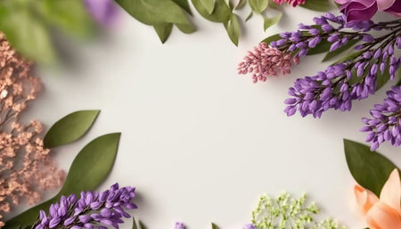 Springtime different flowers border frame with copy space in the middle. beautiful floral background. AI generative image.の素材