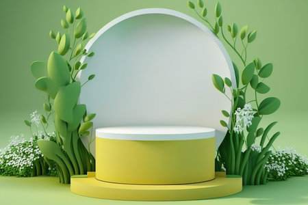 Abstract background with minimal cylindrical podium display and beautiful blossom plants. pastel colors. Springtime showcase layout. AI generative picture.の素材