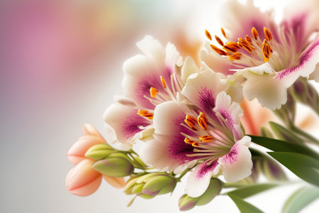 Horizontal banner with alstromeria flowers and copy space. springtime background. AI generative image.の素材